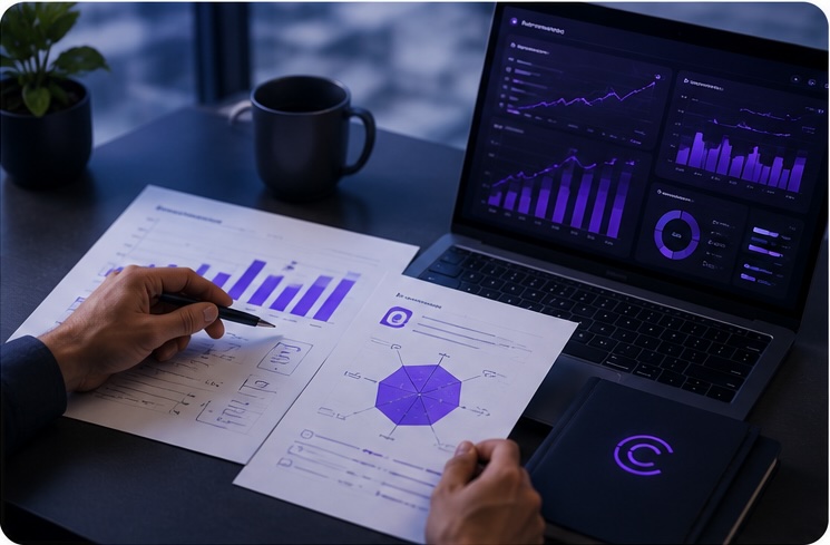 A consultant analysing operational charts and dashboards. Diagnosis and scorecard.