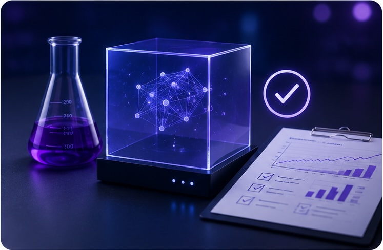 A glass cube housing a 3D AI model next to a clipboard checklist. Focused proof of value.