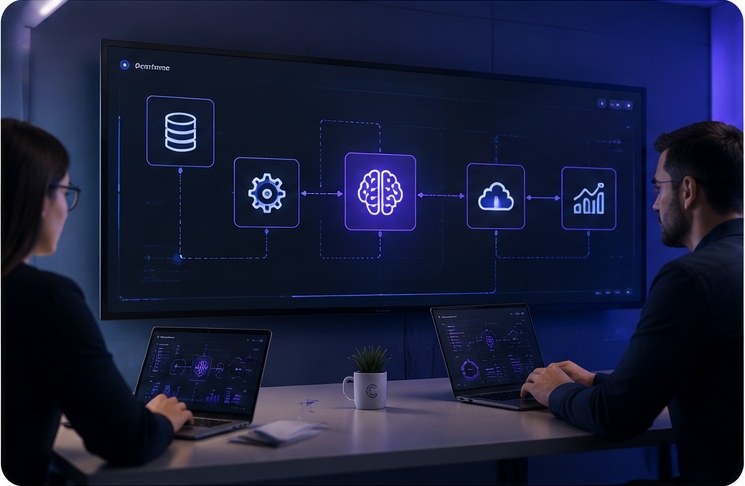 Two engineers in front of a wall display showing an AI integration pipeline across systems