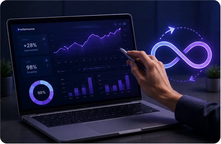 A performance dashboard with continuous improvement metrics next to an infinity-loop diagram