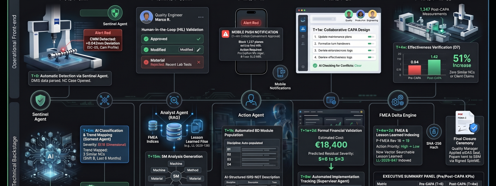 Infographic showing the five phases of an AI-driven 8D quality management lifecycle in an automotive manufacturing plant, from CMM detection to FMEA update