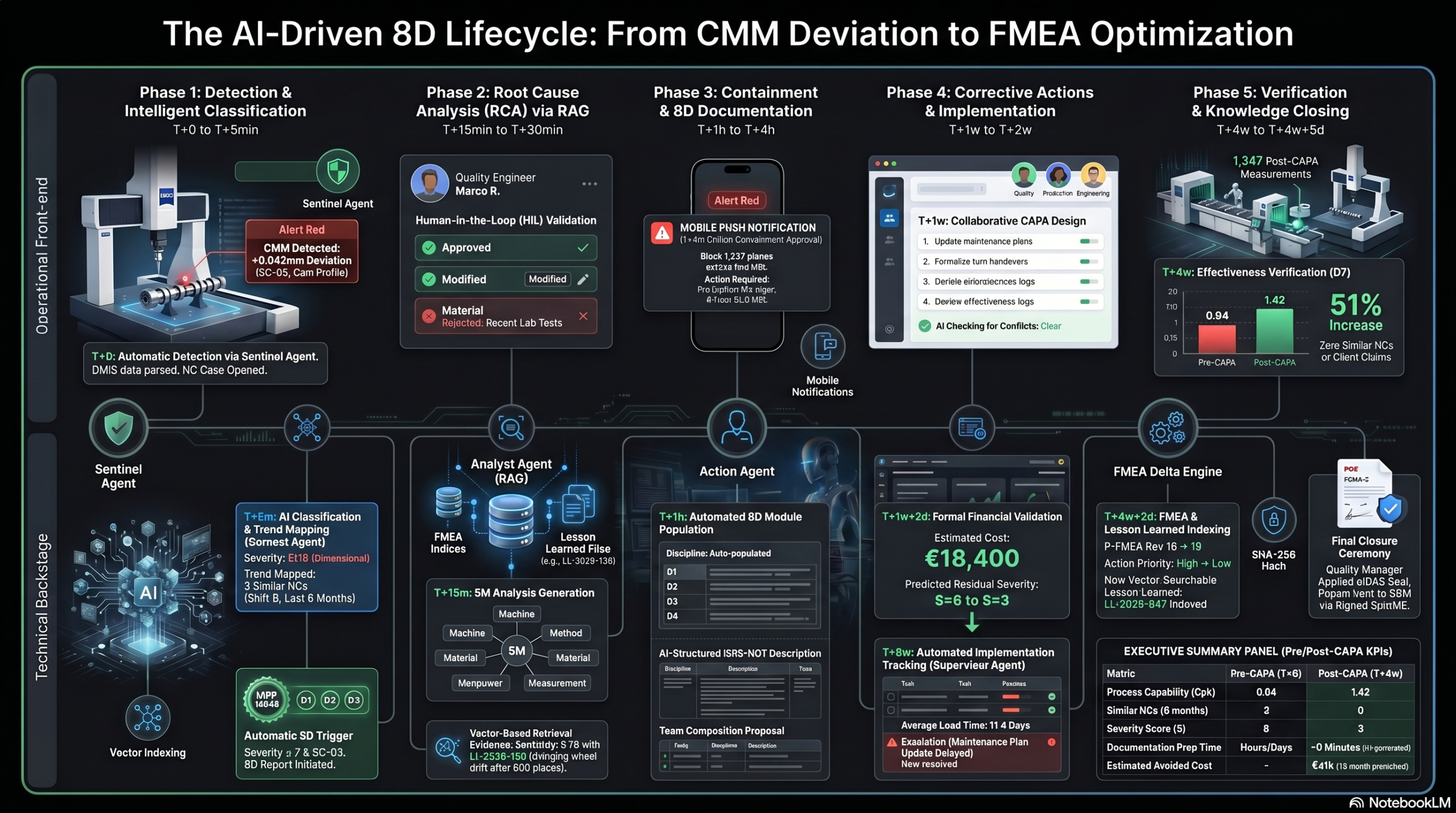 Infographic showing the five phases of an AI-driven 8D quality management lifecycle in an automotive manufacturing plant, from CMM detection to FMEA update
